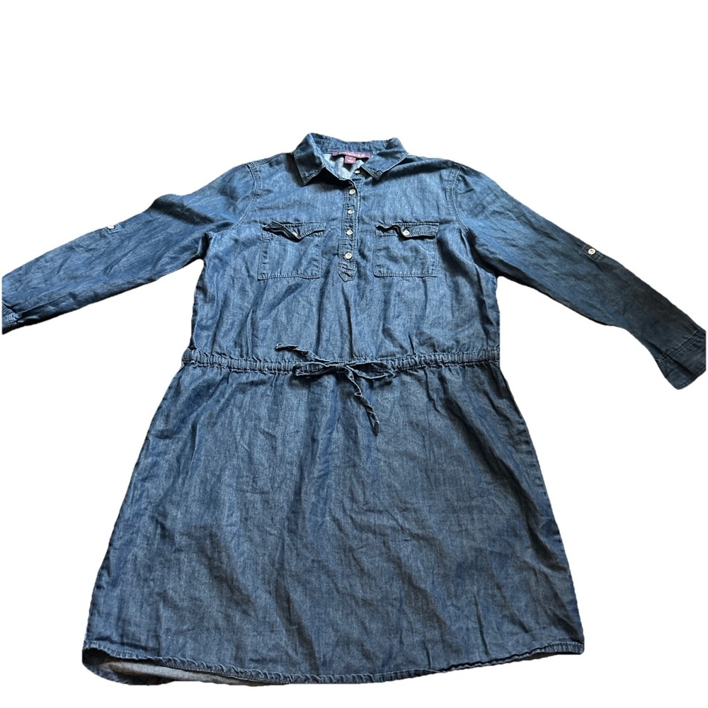 Gloria Vanderbilt Womens Dress Small Blue Shirt Dress Drawstring Roll Tab Knit
